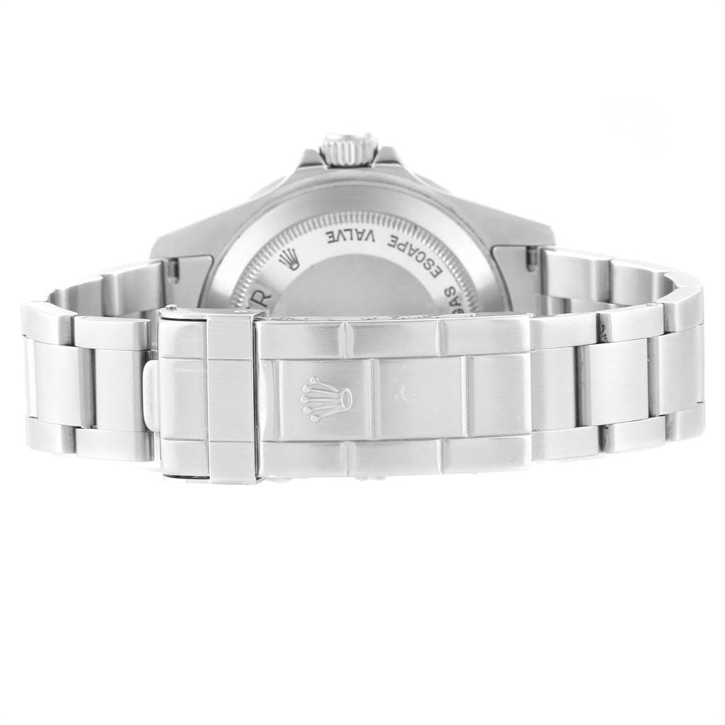 The image shows the back view of the Rolex Sea-Dweller 16600 Men
s Stainless Steel Black Dial 16600 Men
s Stainless Steel Black Dial watch, highlighting the stainless steel bracelet and clasp.