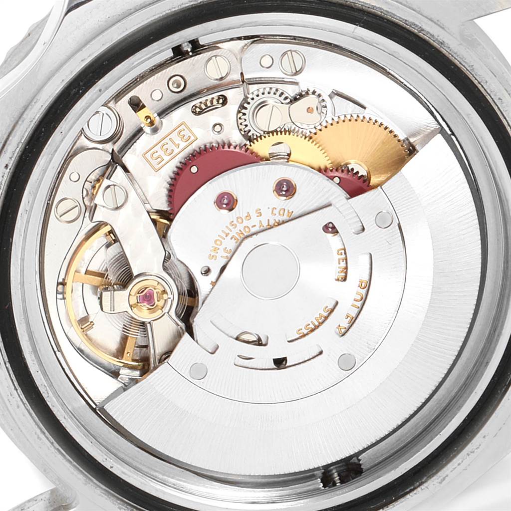 This image shows the internal mechanism of the Rolex Sea-Dweller 16600 Men
s Stainless Steel Black Dial 16600 Men
s Stainless Steel Black Dial watch, focusing on its intricate gears and movement parts from a rear angle.