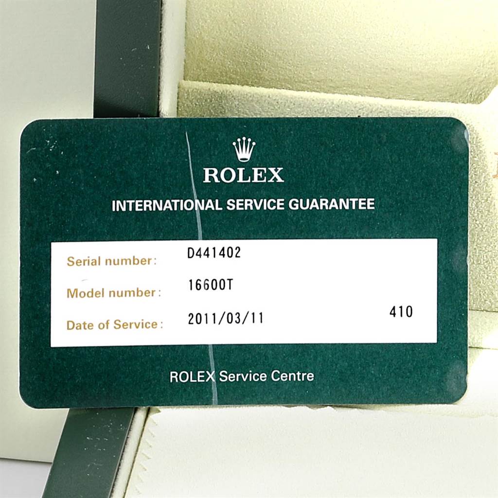 The image shows a Rolex International Service Guarantee card for the Sea-Dweller model 16600T.