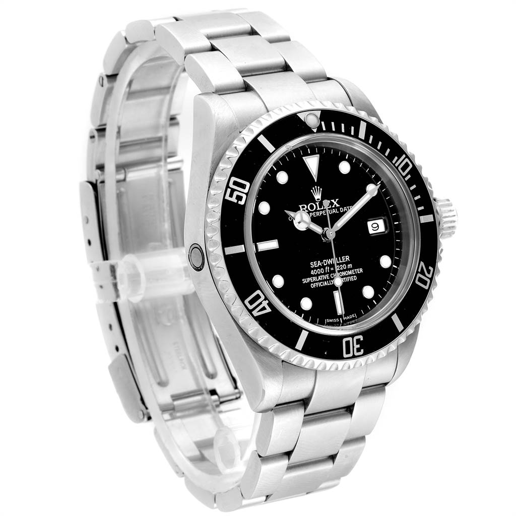 This image shows a Rolex Sea-Dweller 16600 Men
s Stainless Steel Black Dial 16600 Men
s Stainless Steel Black Dial watch at a three-quarter angle, highlighting the black dial, bezel, and stainless steel bracelet.