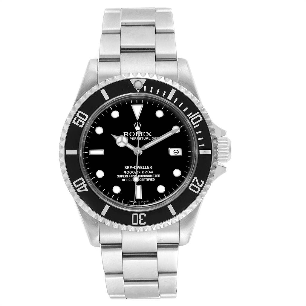 This image shows a front view of the Rolex Sea-Dweller 16600 Men
s Stainless Steel Black Dial 16600 Men
s Stainless Steel Black Dial, displaying its dial, bezel, and stainless steel bracelet.