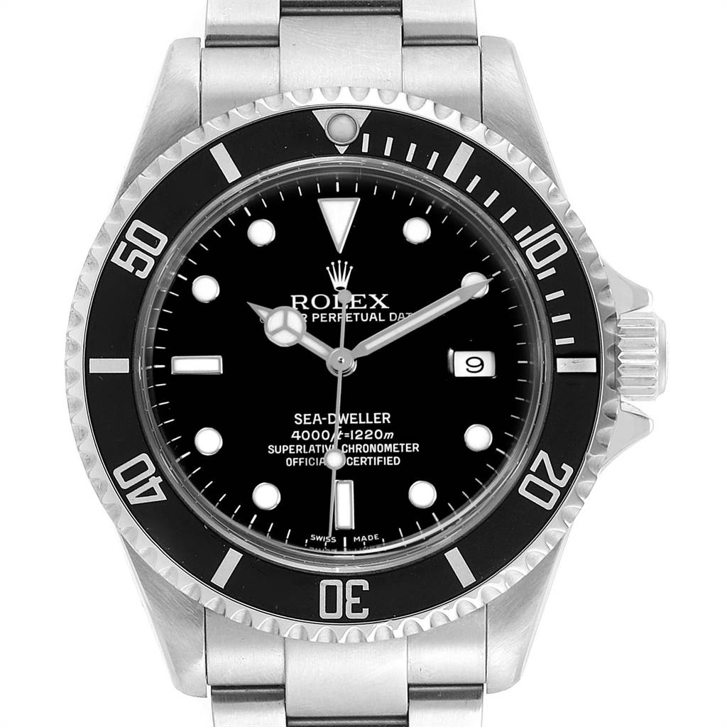 This image shows a front view of a Rolex Sea-Dweller 16600 Men
s Stainless Steel Black Dial 16600 Men
s Stainless Steel Black Dial watch, displaying the dial, bezel, and bracelet.