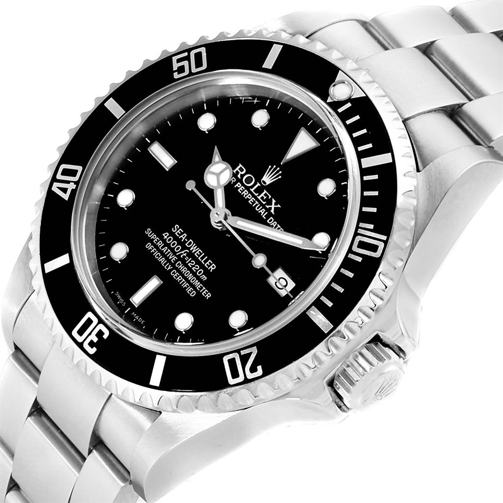 The image shows a close-up of the Rolex Sea-Dweller 16600 Men
s Stainless Steel Black Dial 16600 Men
s Stainless Steel Black Dial watch, focusing on the dial, bezel, and part of the bracelet.