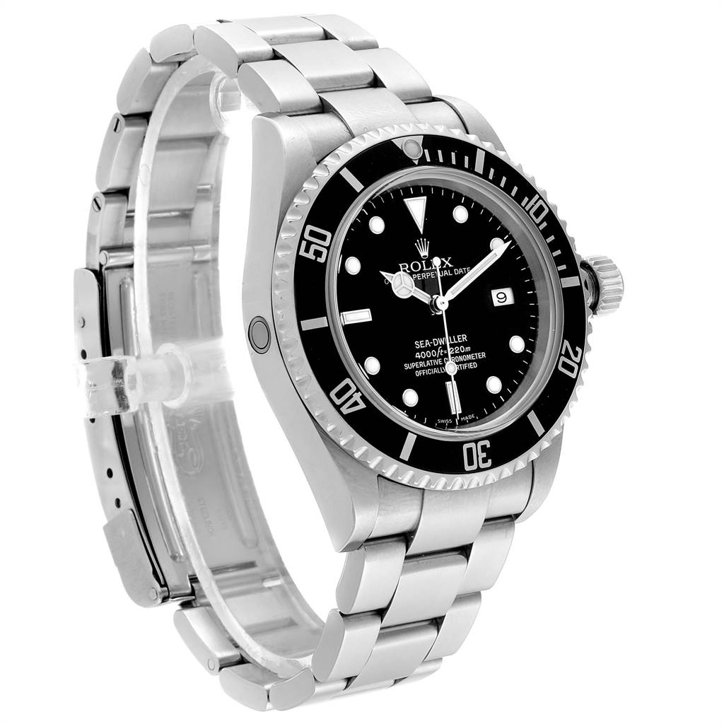 The Rolex Sea-Dweller 16600 Men
s Stainless Steel Black Dial 16600 Men
s Stainless Steel Black Dial watch is shown from a three-quarter angle, highlighting the face, bezel, case, and bracelet.