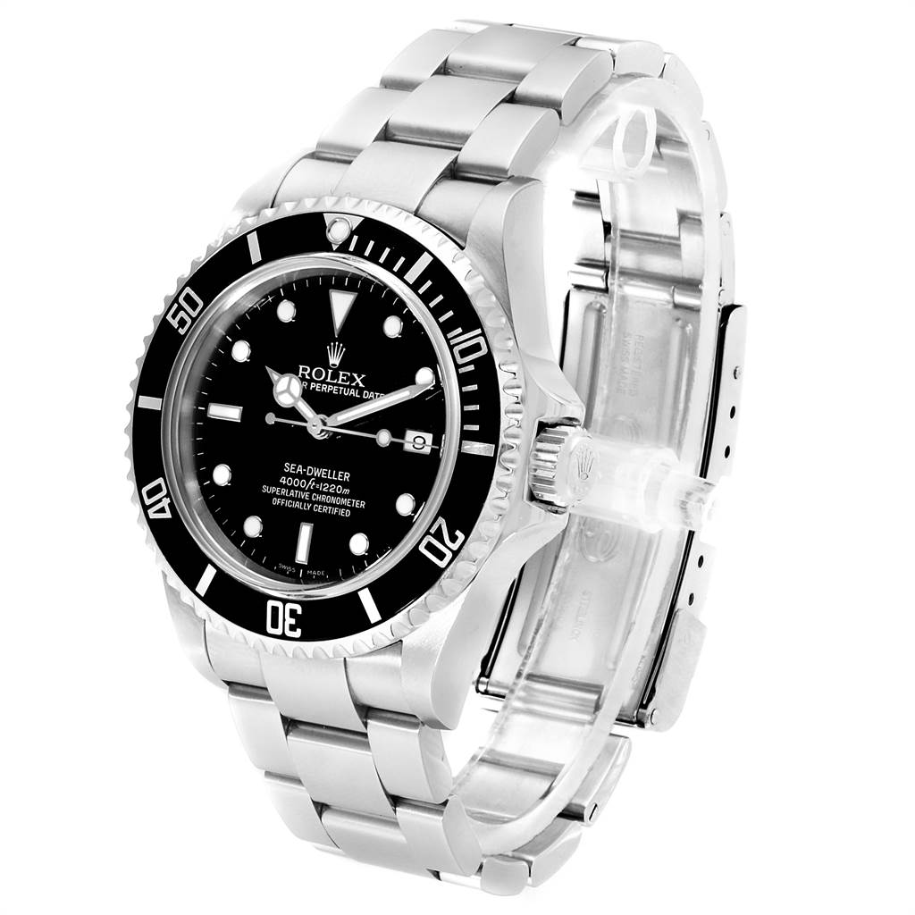 The image shows a front-angle view of a Rolex Sea-Dweller 16600 Men
s Stainless Steel Black Dial 16600 Men
s Stainless Steel Black Dial watch displaying its dial, bezel, and bracelet.