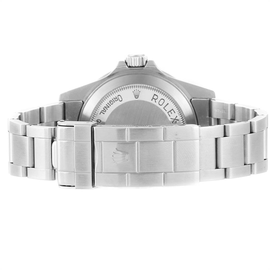 This image shows the back view of a Rolex Sea-Dweller 16600 Men
s Stainless Steel Black Dial 16600 Men
s Stainless Steel Black Dial watch, featuring its case back and metal bracelet.