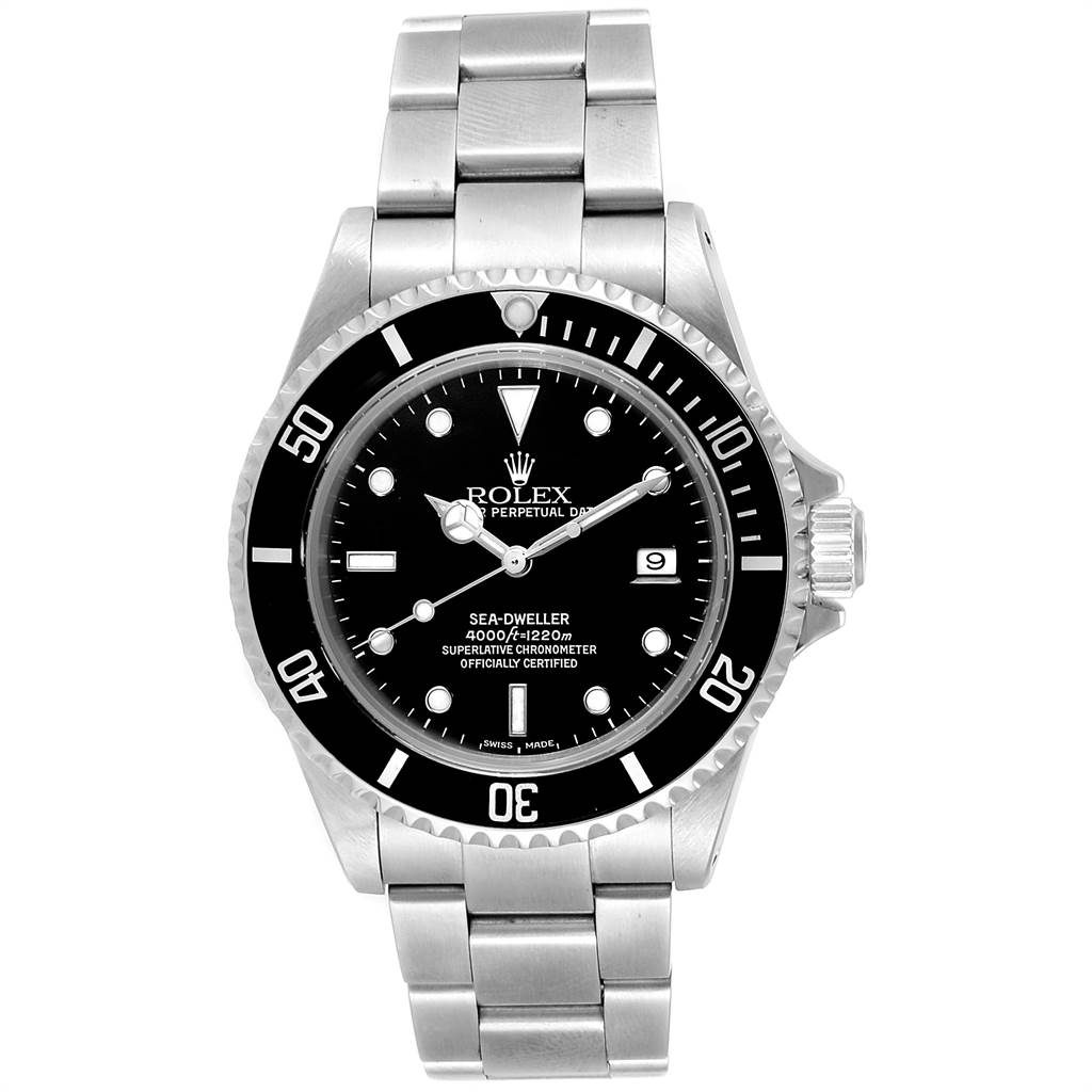 This image shows a front view of a Rolex Sea-Dweller 16600 Men
s Stainless Steel Black Dial 16600 Men
s Stainless Steel Black Dial watch, displaying the dial, bezel, and metal bracelet.