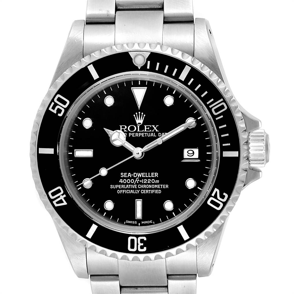 The image shows a front view of the Rolex Sea-Dweller 16600 Men
s Stainless Steel Black Dial 16600 Men
s Stainless Steel Black Dial watch, clearly displaying the dial, bezel, and part of the bracelet.