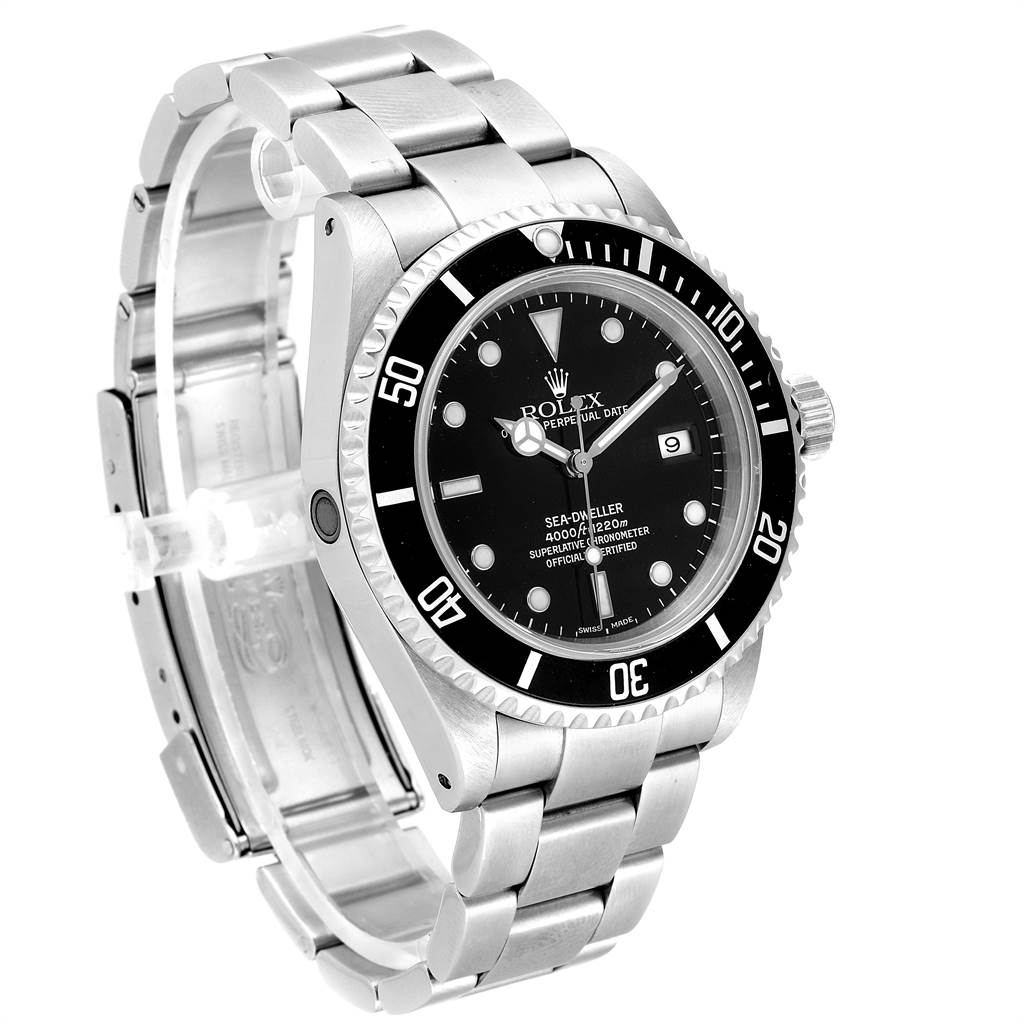 The image shows a Rolex Sea-Dweller 16600 Men
s Stainless Steel Black Dial 16600 Men
s Stainless Steel Black Dial watch from an angled front view, highlighting the dial, bezel, case, and bracelet.