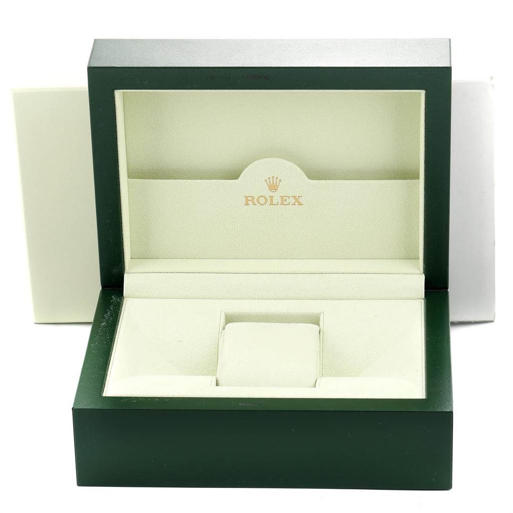 This image shows an empty green Rolex watch box for the Sea-Dweller model, viewed from the front.