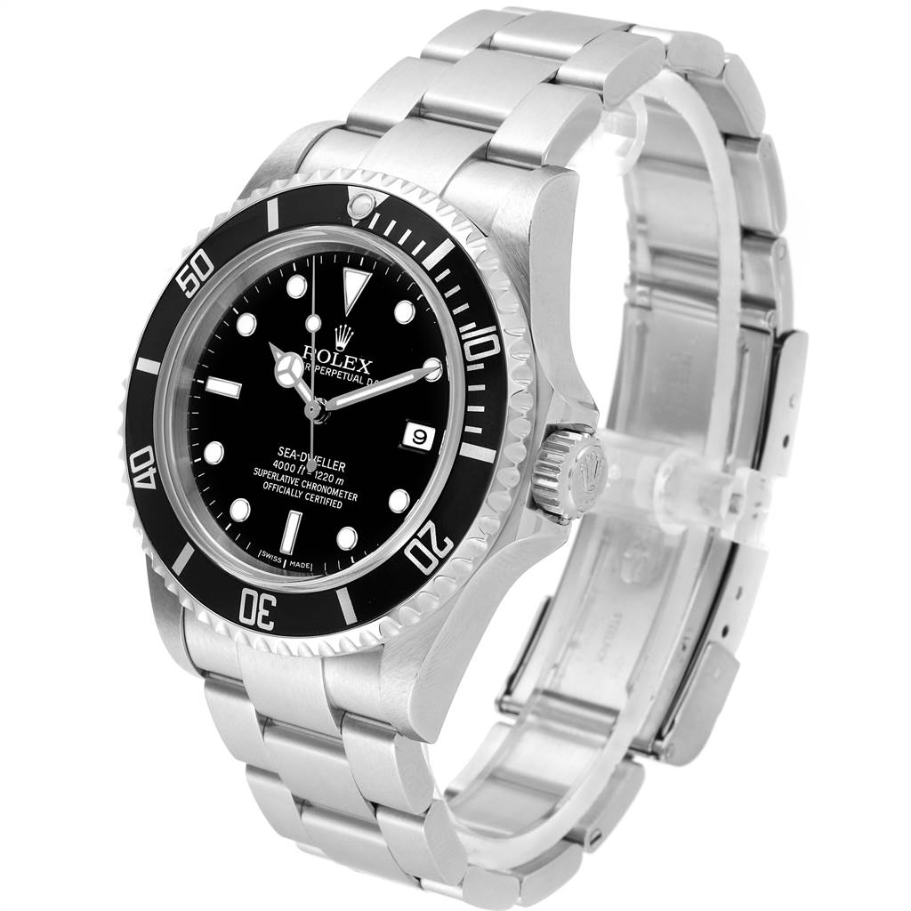The Rolex Sea-Dweller 16600 Men
s Stainless Steel Black Dial 16600 Men
s Stainless Steel Black Dial watch is shown at a slight angle, displaying the face, bezel, bracelet, and crown.