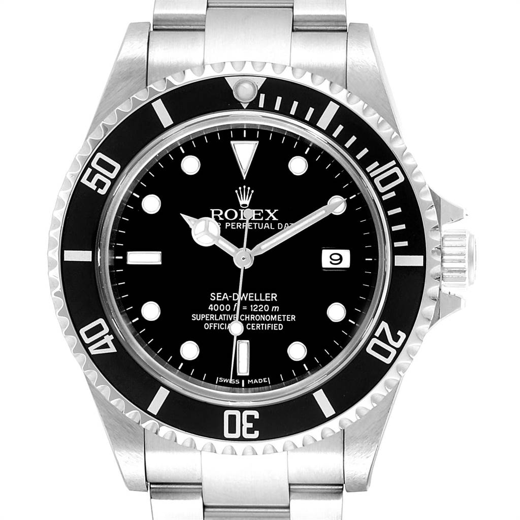 The image shows a front view of the Rolex Sea-Dweller 16600 Men
s Stainless Steel Black Dial 16600 Men
s Stainless Steel Black Dial watch, displaying the dial, bezel, and part of the bracelet.