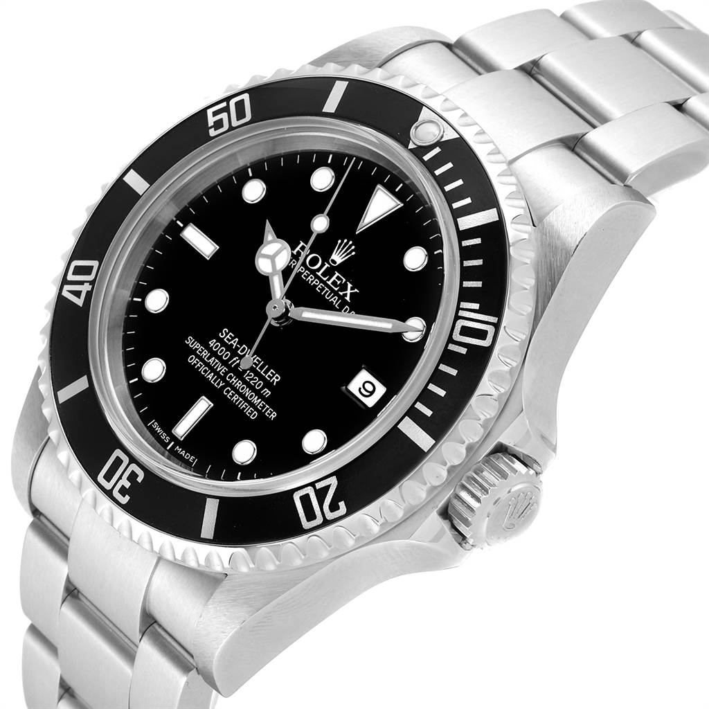 This Rolex Sea-Dweller 16600 Men
s Stainless Steel Black Dial 16600 Men
s Stainless Steel Black Dial watch is shown at an angle highlighting the face, bezel, crown, and part of the stainless steel bracelet.