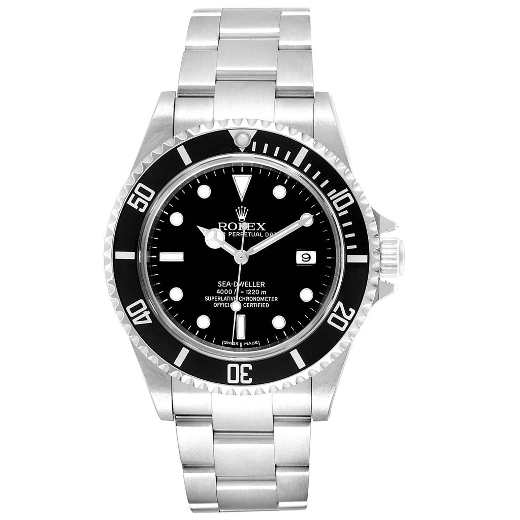 This image shows a front view of the Rolex Sea-Dweller 16600 Men
s Stainless Steel Black Dial 16600 Men
s Stainless Steel Black Dial watch, displaying its dial, bezel, and bracelet.