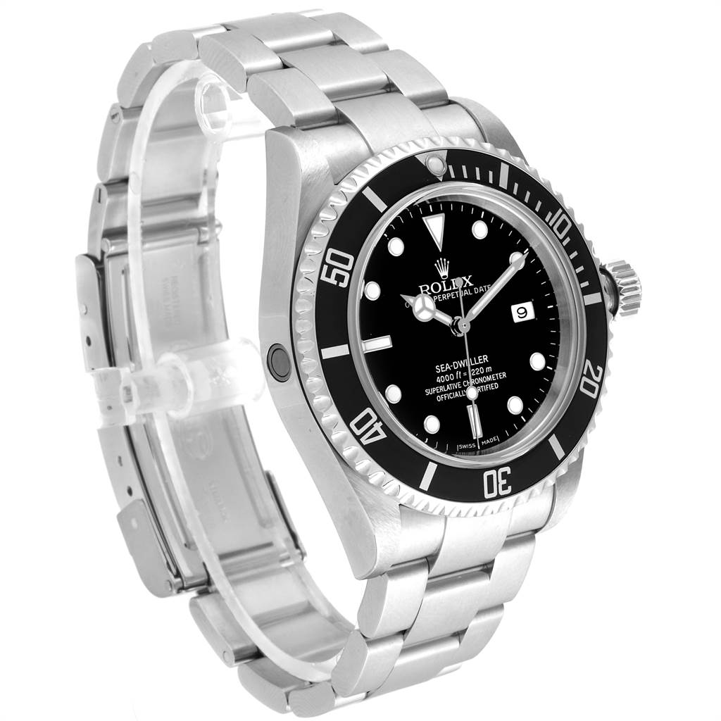 The image shows a side angle of the Rolex Sea-Dweller 16600 Men
s Stainless Steel Black Dial 16600 Men
s Stainless Steel Black Dial watch, highlighting its bracelet, case, and bezel.