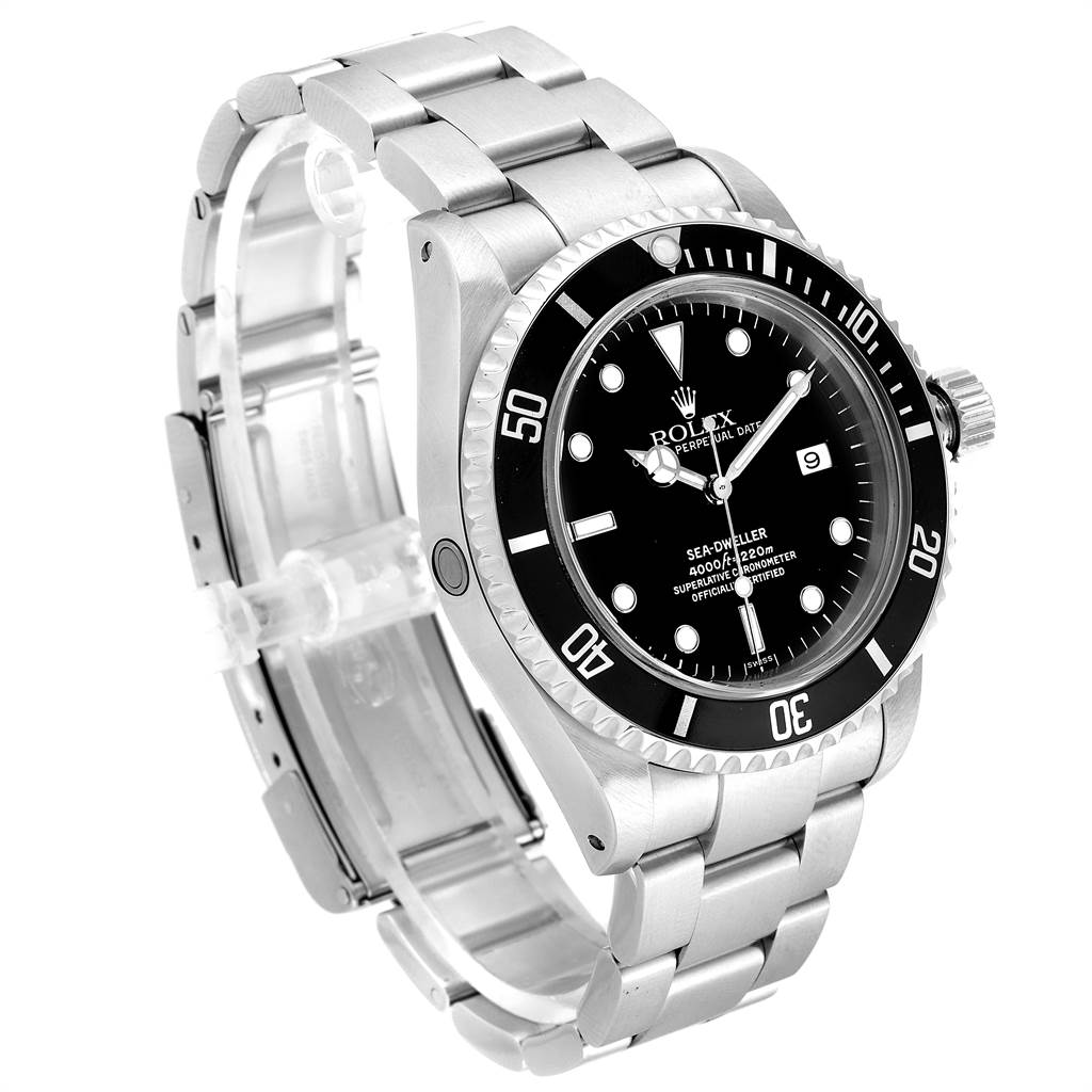 The image shows a Rolex Sea-Dweller 16600 Men
s Stainless Steel Black Dial 16600 Men
s Stainless Steel Black Dial watch at a three-quarter angle, displaying the face, bezel, crown, and bracelet.