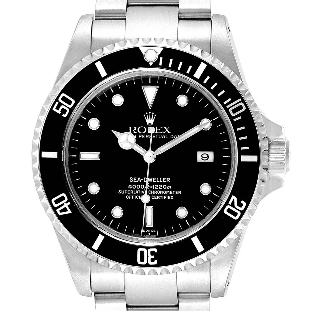 This image shows a front view of the Rolex Sea-Dweller 16600 Men
s Stainless Steel Black Dial 16600 Men
s Stainless Steel Black Dial watch, highlighting the dial, bezel, and part of the bracelet.