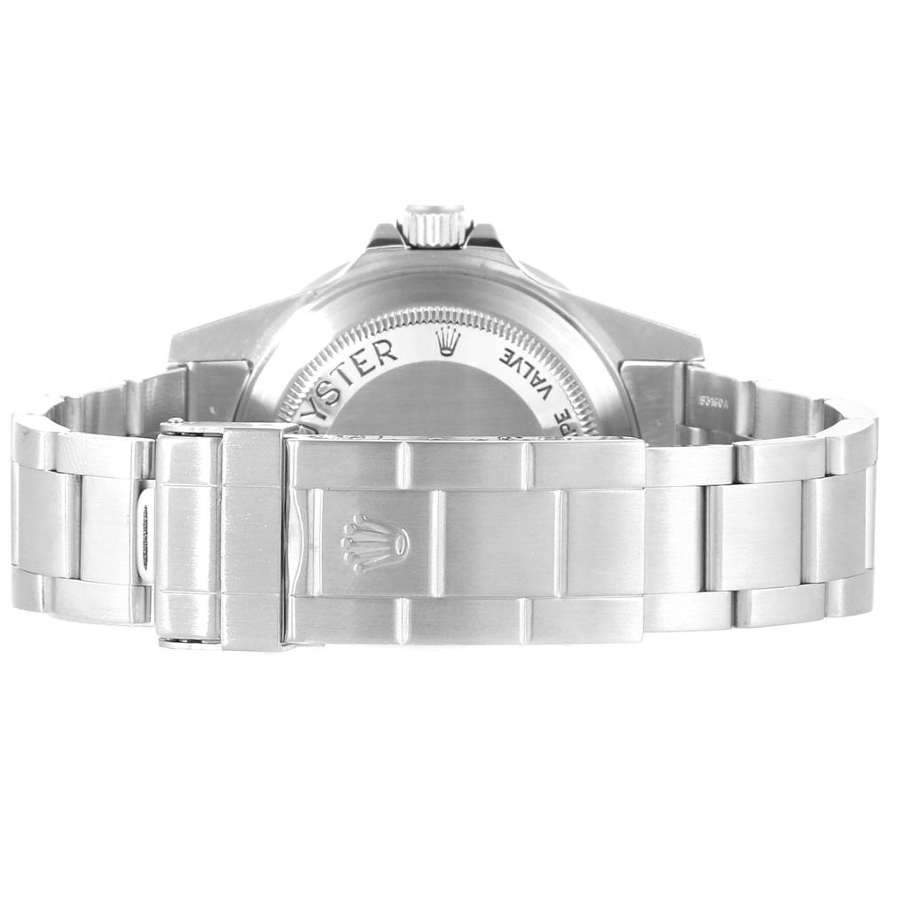 This is a rear view of the Rolex Sea-Dweller 16600 Men
s Stainless Steel Black Dial 16600 Men
s Stainless Steel Black Dial watch, showing the clasp, bracelet, and case back.