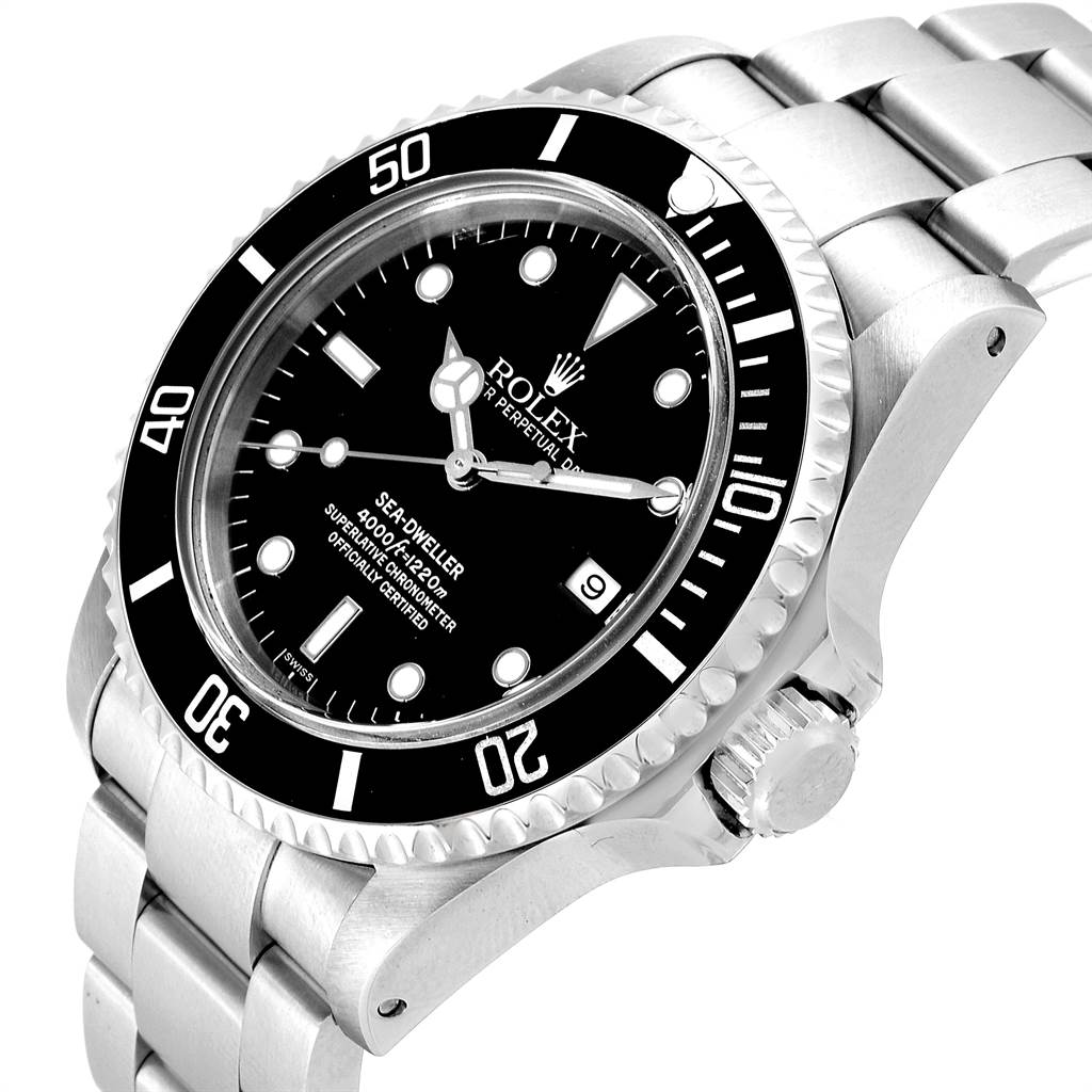 The image shows a Rolex Sea-Dweller 16600 Men
s Stainless Steel Black Dial 16600 Men
s Stainless Steel Black Dial watch from an angled view, highlighting the bezel, dial, case, and bracelet.