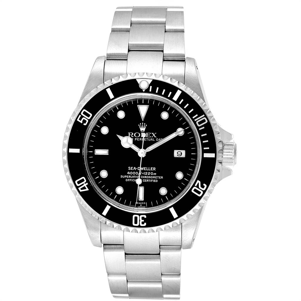 The image shows a front view of the Rolex Sea-Dweller 16600 Men
s Stainless Steel Black Dial 16600 Men
s Stainless Steel Black Dial watch, detailing its dial, bezel, and bracelet.