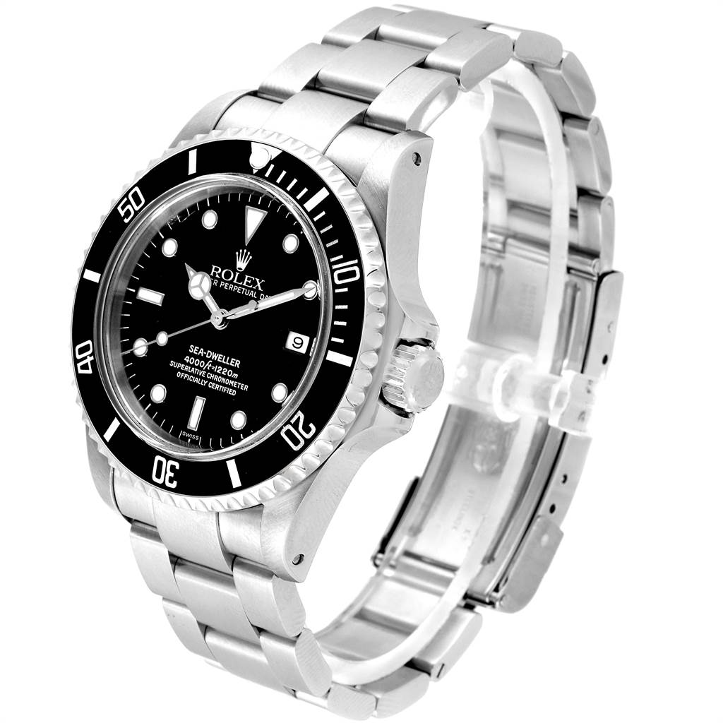 The image shows a Rolex Sea-Dweller 16600 Men
s Stainless Steel Black Dial 16600 Men
s Stainless Steel Black Dial watch at an angled side view, displaying its bezel, dial, crown, and bracelet.