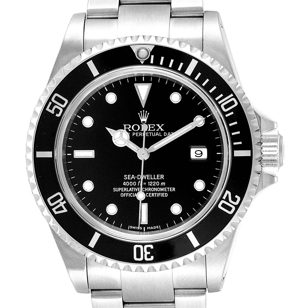 The image shows a front view of a Rolex Sea-Dweller 16600 Men
s Stainless Steel Black Dial 16600 Men
s Stainless Steel Black Dial watch, highlighting its face, bezel, and part of the metal bracelet.