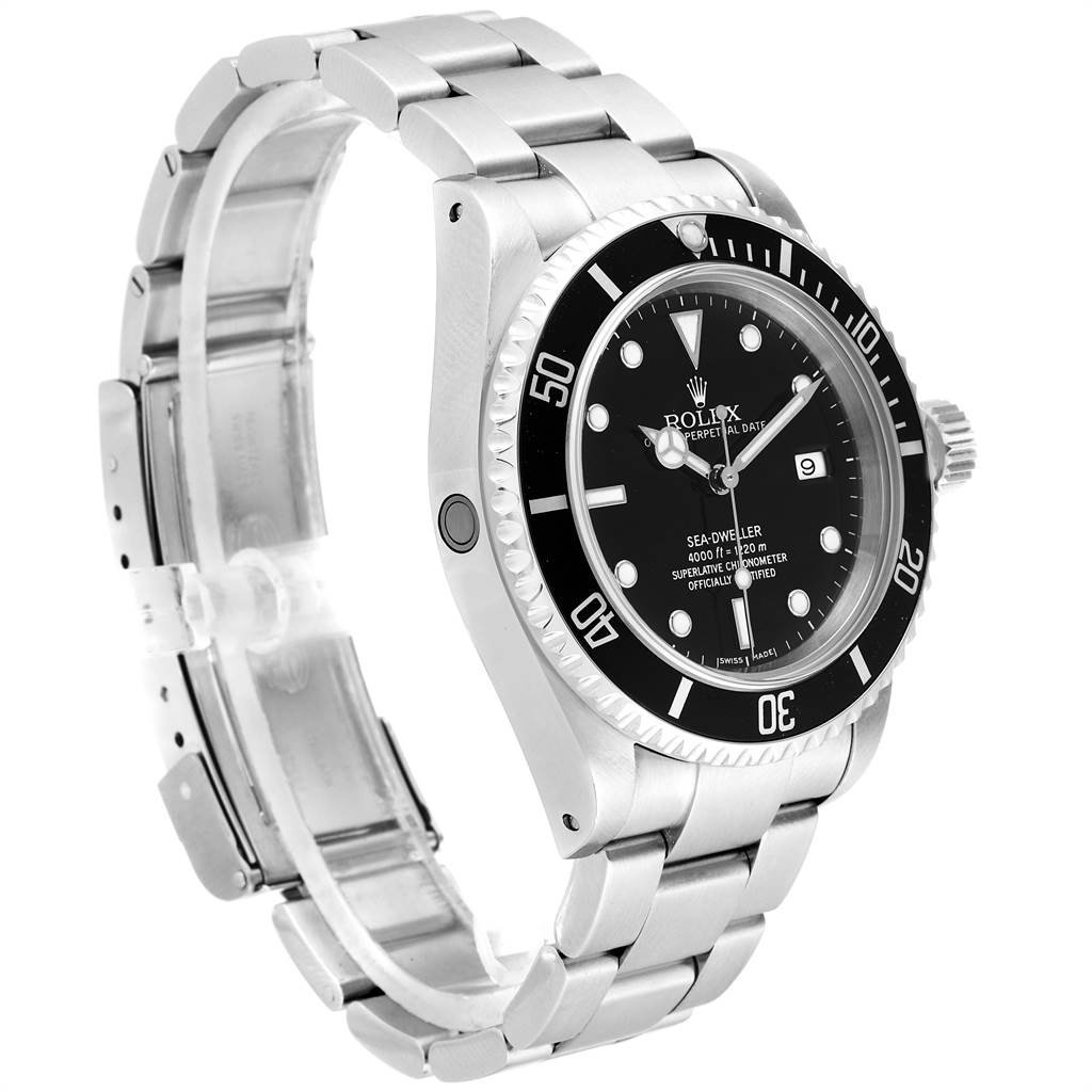 The Rolex Sea-Dweller 16600 Men
s Stainless Steel Black Dial 16600 Men
s Stainless Steel Black Dial is shown at a three-quarter angle, highlighting its face, bezel, and metal bracelet.