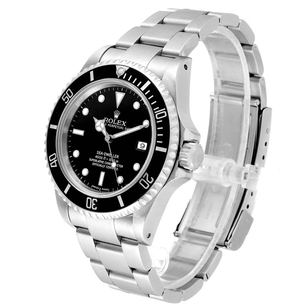 The Rolex Sea-Dweller 16600 Men
s Stainless Steel Black Dial 16600 Men
s Stainless Steel Black Dial watch is shown from an angled front view, displaying its face, bezel, and bracelet.