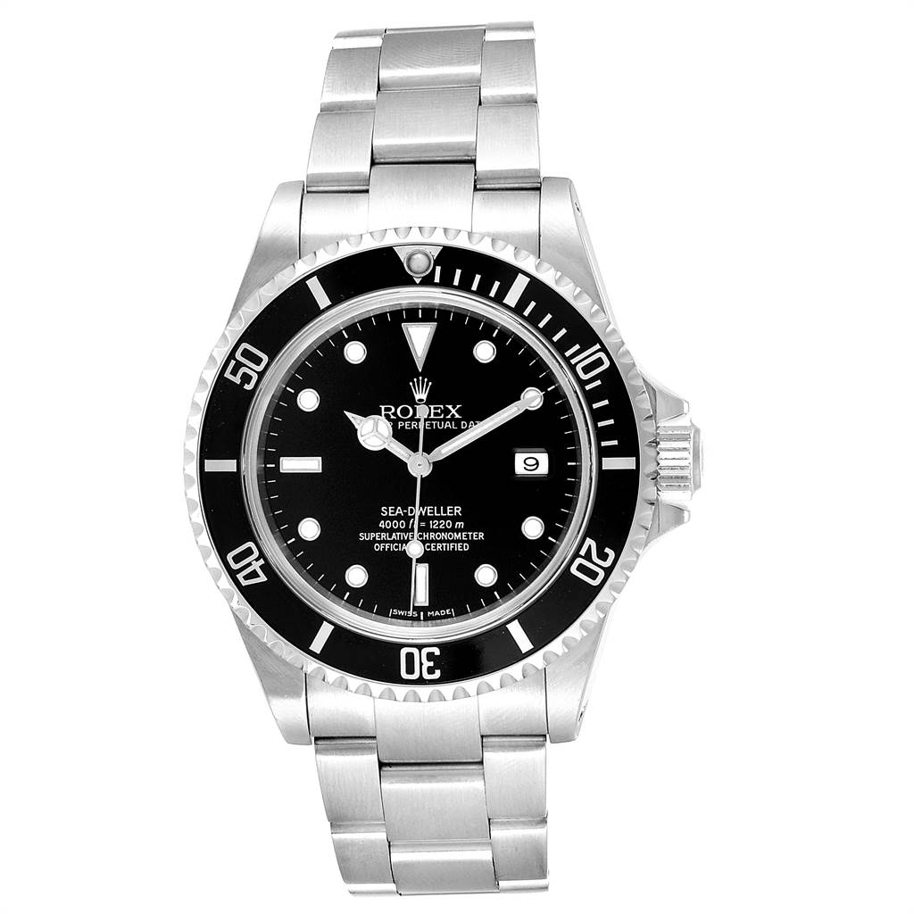 This image shows a frontal view of the Rolex Sea-Dweller 16600 Men
s Stainless Steel Black Dial 16600 Men
s Stainless Steel Black Dial watch, highlighting its dial, bezel, and bracelet.