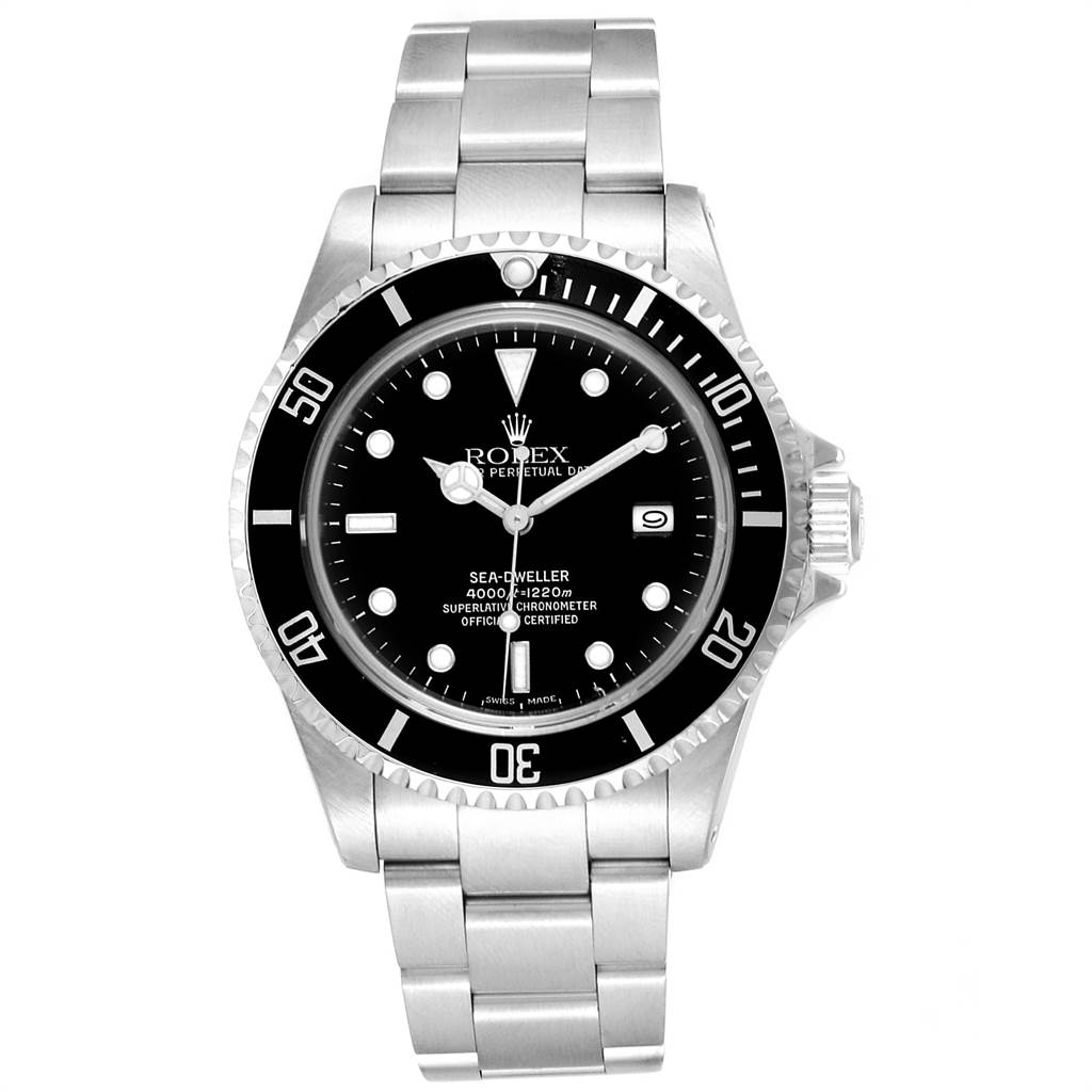 The Rolex Sea-Dweller 16600 Men
s Stainless Steel Black Dial 16600 Men
s Stainless Steel Black Dial watch is shown from the front, displaying its dial, bezel, bracelet, and casing.
