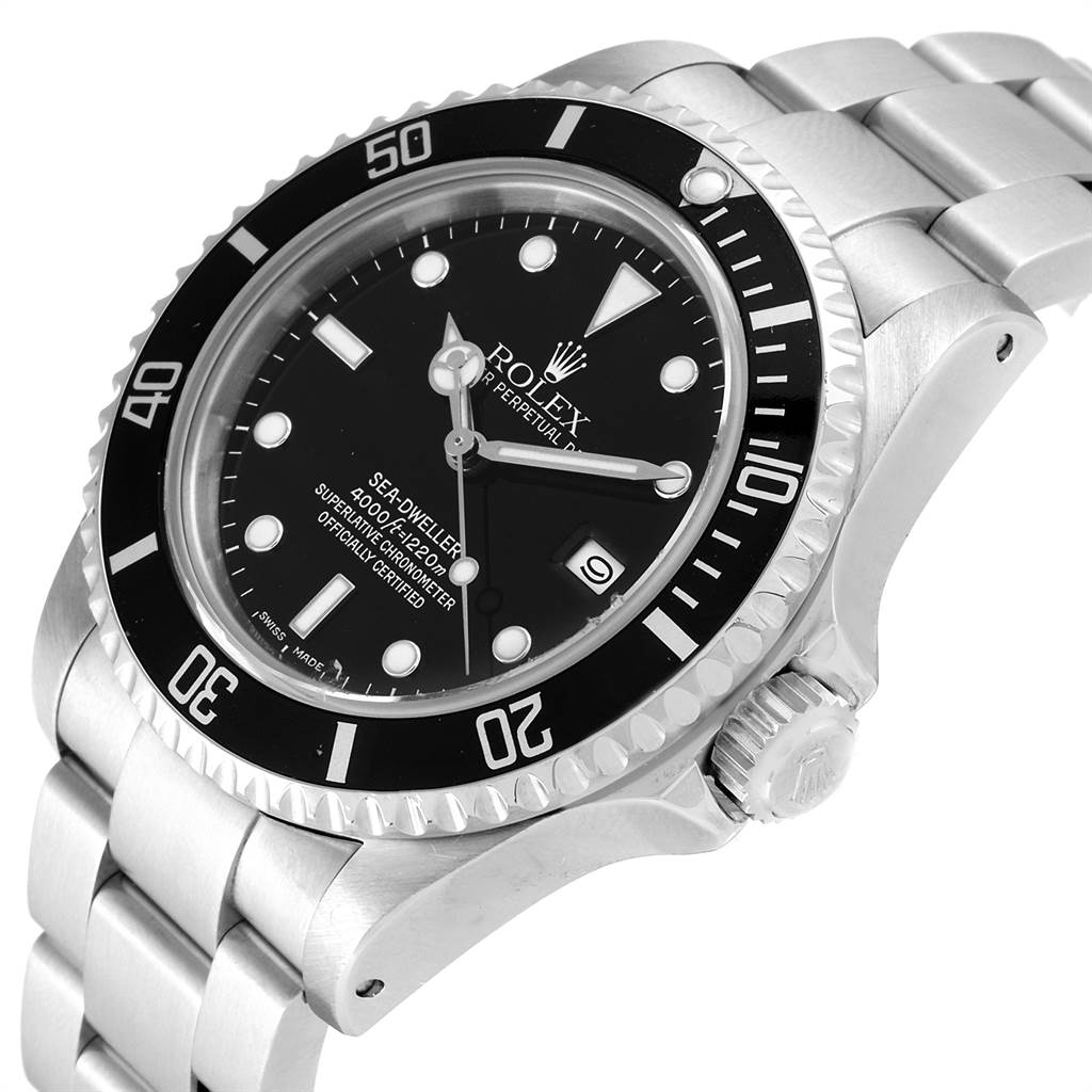 The image shows a Rolex Sea-Dweller 16600 Men
s Stainless Steel Black Dial 16600 Men
s Stainless Steel Black Dial watch at a slight angle, highlighting the dial, bezel, crown, and part of the bracelet.