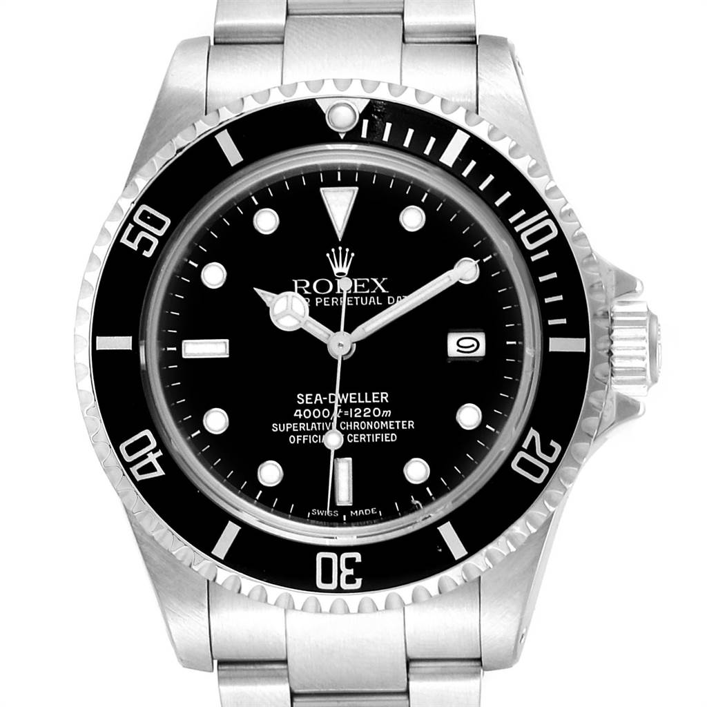 This image shows a frontal view of the Rolex Sea-Dweller 16600 Men
s Stainless Steel Black Dial 16600 Men
s Stainless Steel Black Dial watch, highlighting the dial, bezel, and part of the metal bracelet.