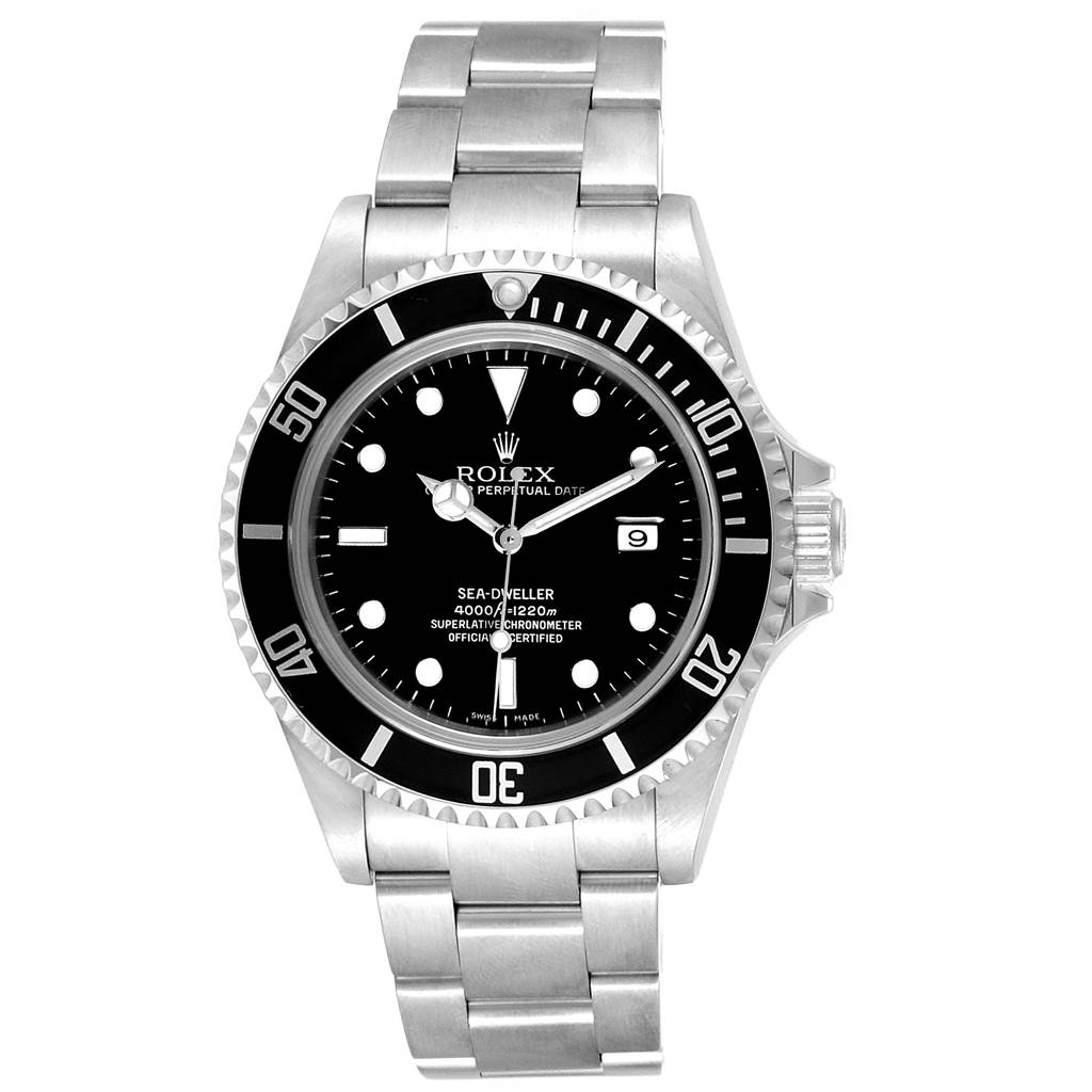 The image shows a front view of the Rolex Sea-Dweller 16600 Men
s Stainless Steel Black Dial 16600 Men
s Stainless Steel Black Dial watch, displaying its dial, bezel, and stainless steel bracelet.