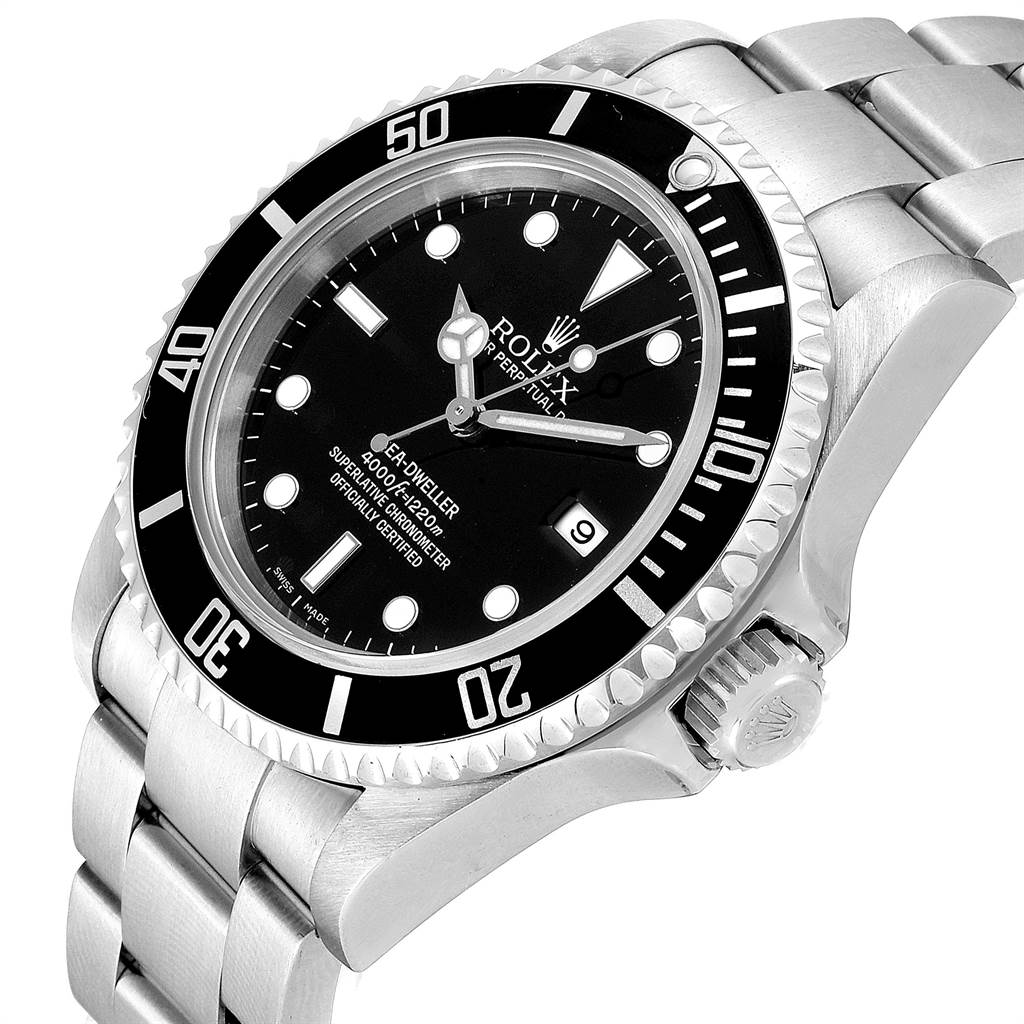 The image shows a close-up, angled view of a Rolex Sea-Dweller 16600 Men
s Stainless Steel Black Dial 16600 Men
s Stainless Steel Black Dial watch featuring the dial, bezel, and part of the bracelet.