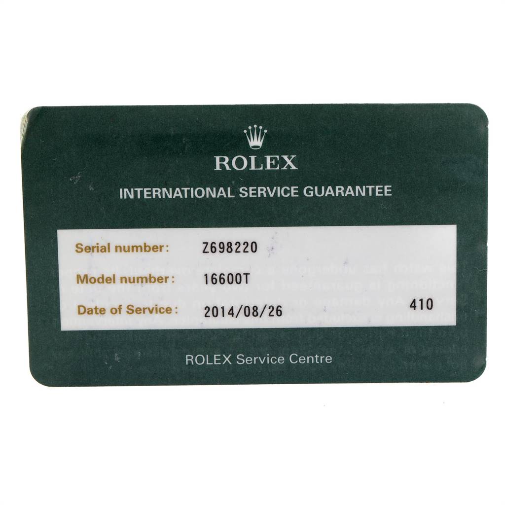 The image shows a Rolex International Service Guarantee card for the Sea-Dweller model 16600T.