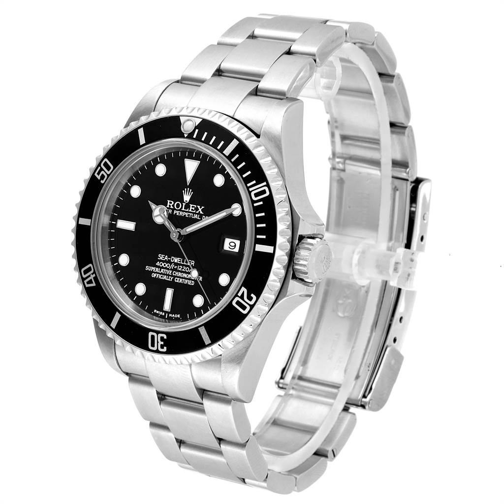 This image shows a Rolex Sea-Dweller 16600 Men
s Stainless Steel Black Dial 16600 Men
s Stainless Steel Black Dial watch from a three-quarter angle, clearly displaying the dial, bezel, and bracelet with an open clasp.