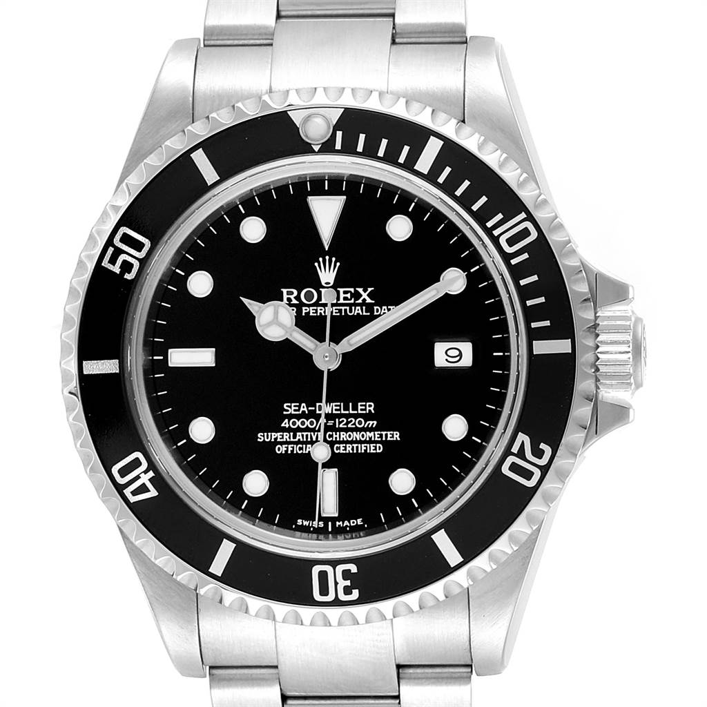 This image depicts a Rolex Sea-Dweller 16600 Men
s Stainless Steel Black Dial 16600 Men
s Stainless Steel Black Dial watch from a front angle, showing its face, bezel, and part of the bracelet.