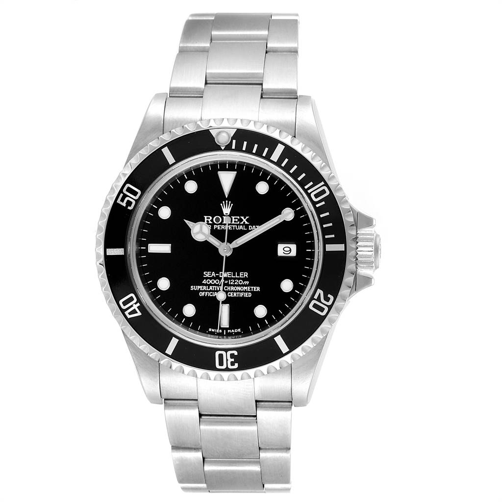 The image shows a front view of the Rolex Sea-Dweller 16600 Men
s Stainless Steel Black Dial 16600 Men
s Stainless Steel Black Dial model, displaying the dial, bezel, and full stainless steel bracelet.