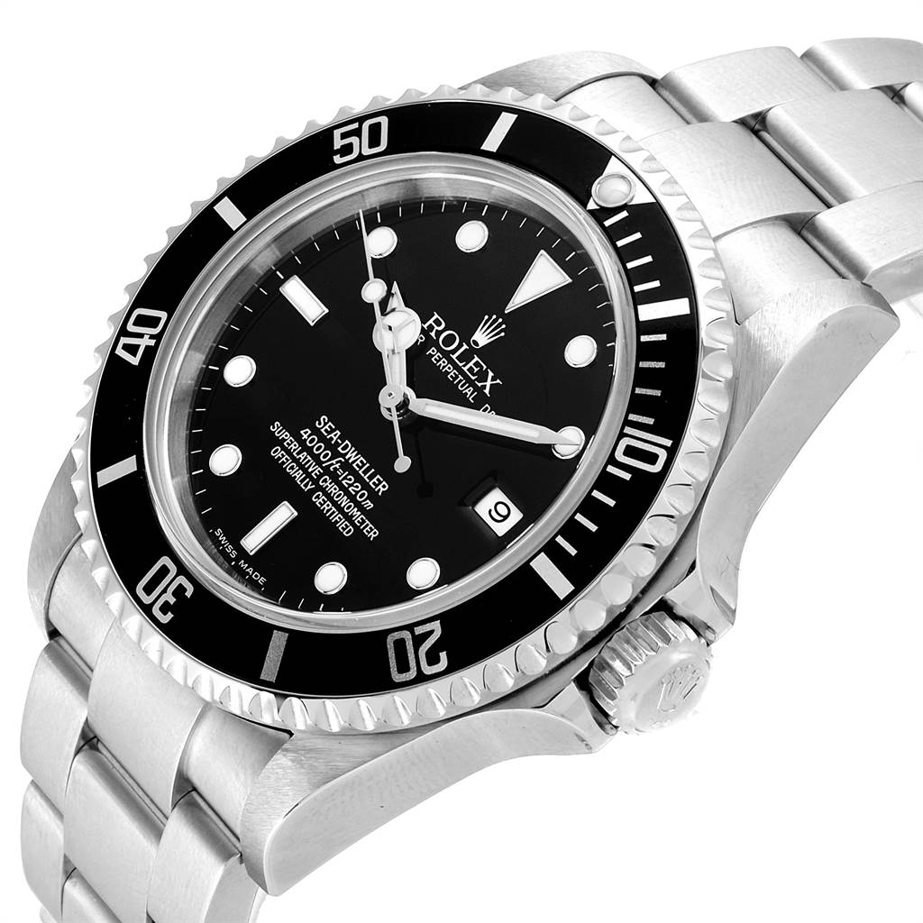The image shows a close-up angle of the Rolex Sea-Dweller 16600 Men
s Stainless Steel Black Dial 16600 Men
s Stainless Steel Black Dial watch featuring its bezel, dial, crown, and part of the bracelet.