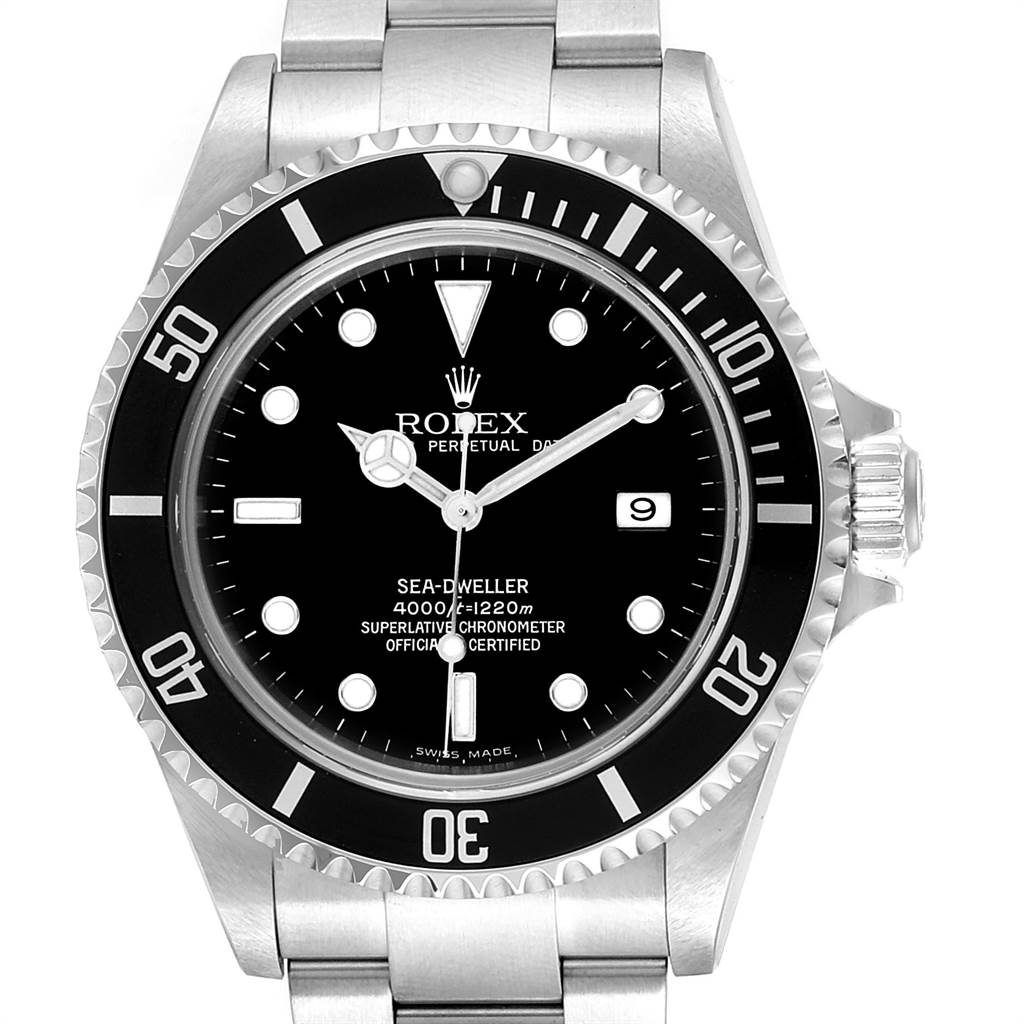 The image shows a front view of a Rolex Sea-Dweller 16600 Men
s Stainless Steel Black Dial 16600 Men
s Stainless Steel Black Dial watch, displaying its dial, bezel, bracelet, and crown.