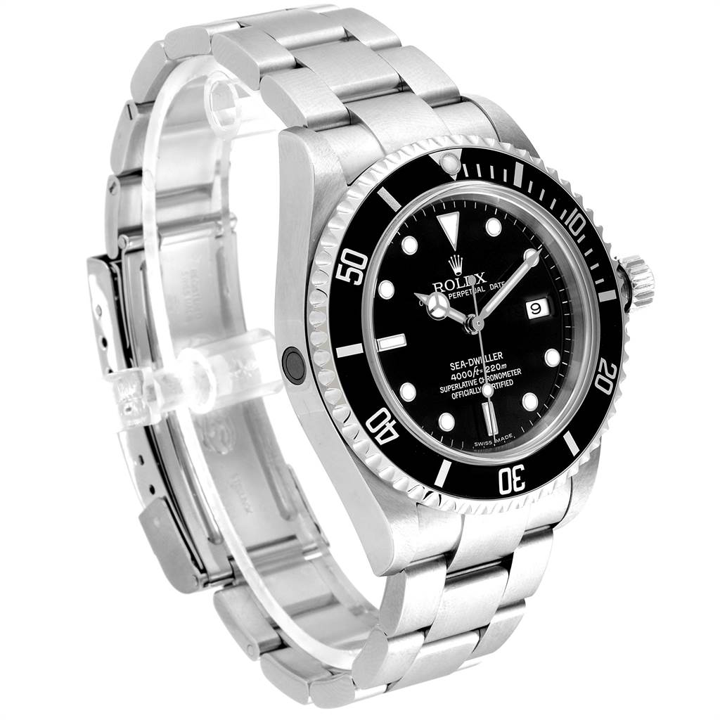 The image shows a three-quarter view of a Rolex Sea-Dweller 16600 Men
s Stainless Steel Black Dial 16600 Men
s Stainless Steel Black Dial watch, highlighting the face, bezel, crown, and bracelet.