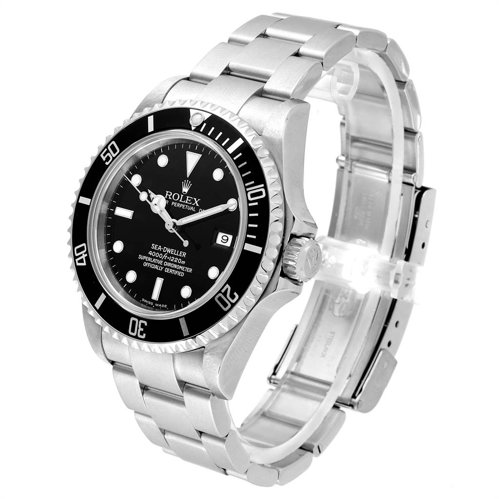 The Rolex Sea-Dweller 16600 Men
s Stainless Steel Black Dial 16600 Men
s Stainless Steel Black Dial watch is shown from a three-quarter angle, highlighting the face, bezel, crown, and bracelet.