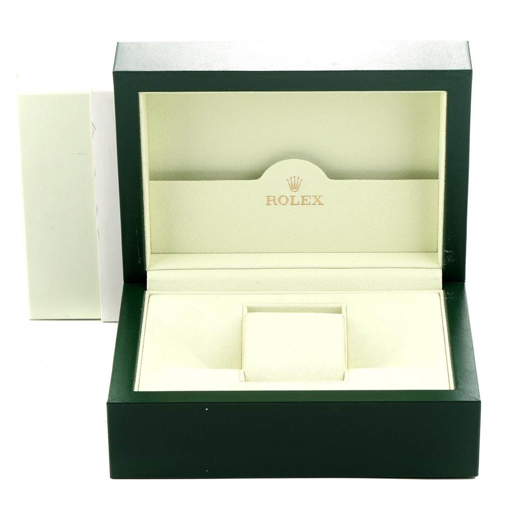 This image shows an open watch box for a Rolex Sea-Dweller 16600 Men
s Stainless Steel Black Dial 16600 Men
s Stainless Steel Black Dial model, viewed from the front, without the watch.