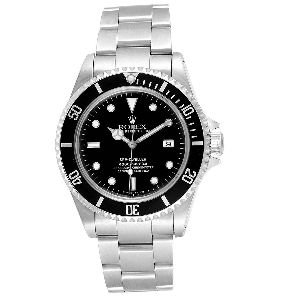 The Rolex Sea-Dweller 16600 Men
s Stainless Steel Black Dial 16600 Men
s Stainless Steel Black Dial watch is shown from a front angle, displaying its dial, bezel, and bracelet.