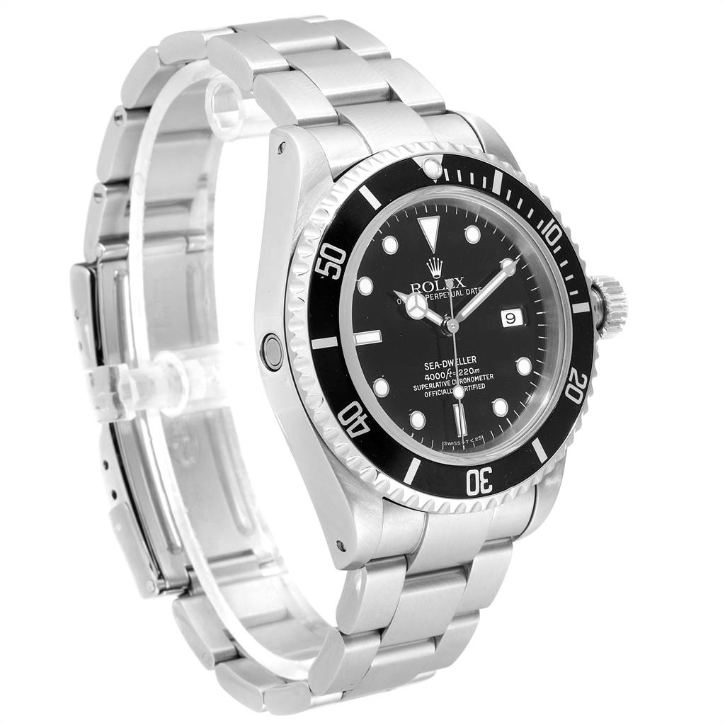 The photo shows a side-angle view of a Rolex Sea-Dweller 16600 Men
s Stainless Steel Black Dial 16600 Men
s Stainless Steel Black Dial watch, highlighting its face, bezel, crown, and bracelet.