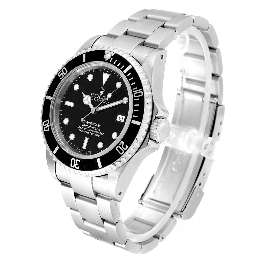 The image shows a three-quarter view of the Rolex Sea-Dweller 16600 Men
s Stainless Steel Black Dial 16600 Men
s Stainless Steel Black Dial watch, highlighting the dial, bezel, and stainless steel bracelet.