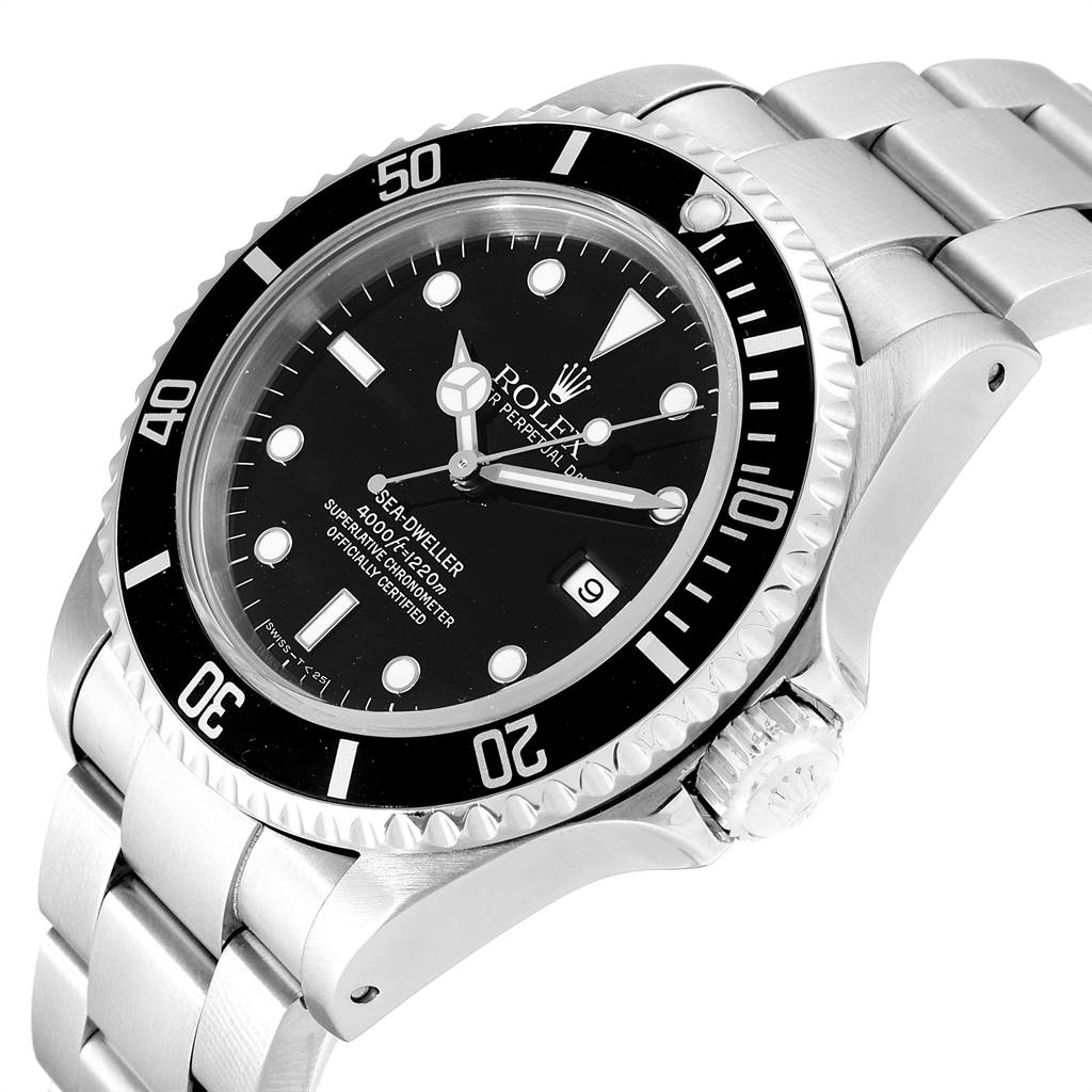 The Rolex Sea-Dweller 16600 Men
s Stainless Steel Black Dial 16600 Men
s Stainless Steel Black Dial watch is shown at a 45-degree angle from the front, highlighting the face, bezel, crown, and stainless steel bracelet.