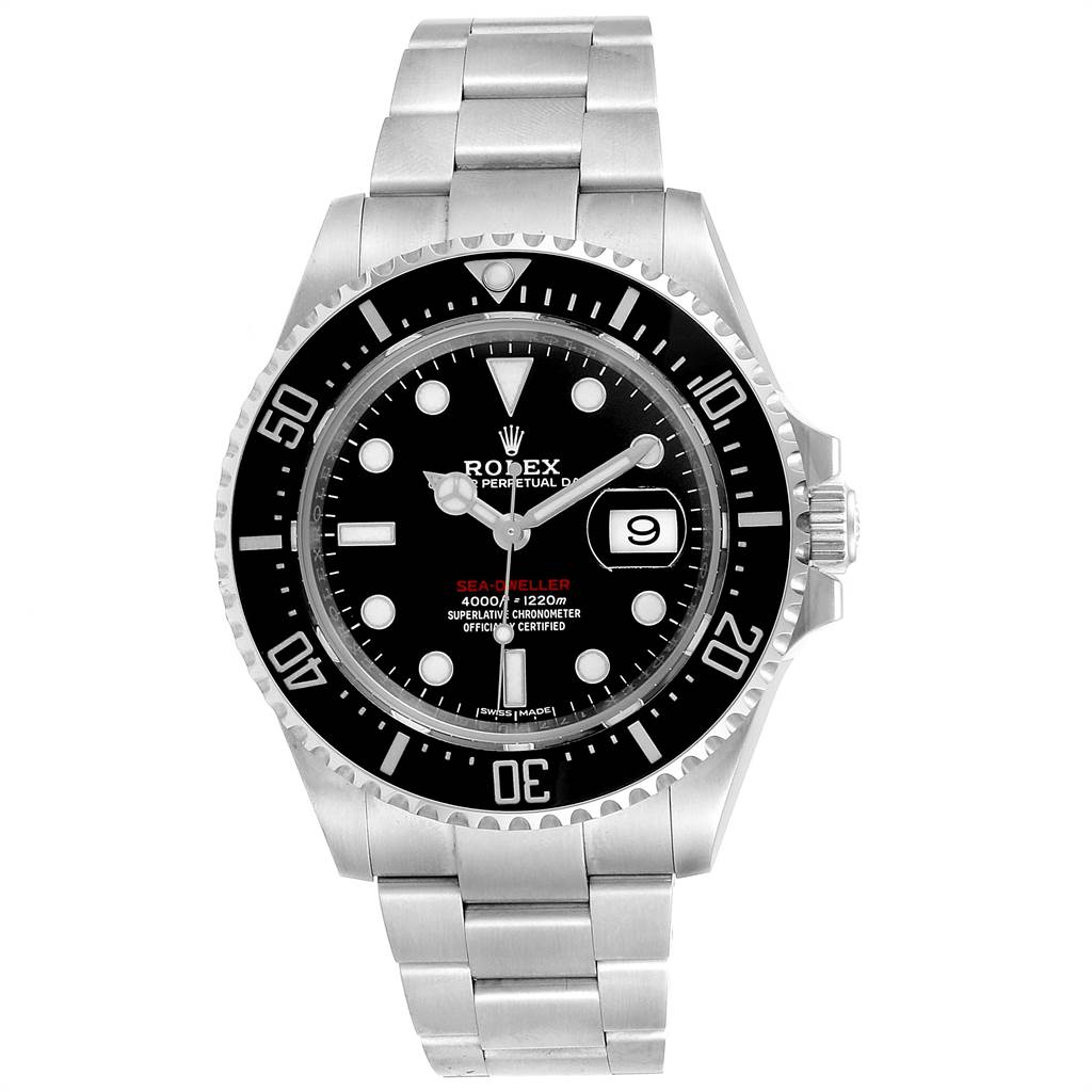 The image shows a front view of a Rolex Sea-Dweller 126600 Men
s Stainless Steel Black Dial 126600 Men
s Stainless Steel Black Dial watch, highlighting the face, bezel, and bracelet.