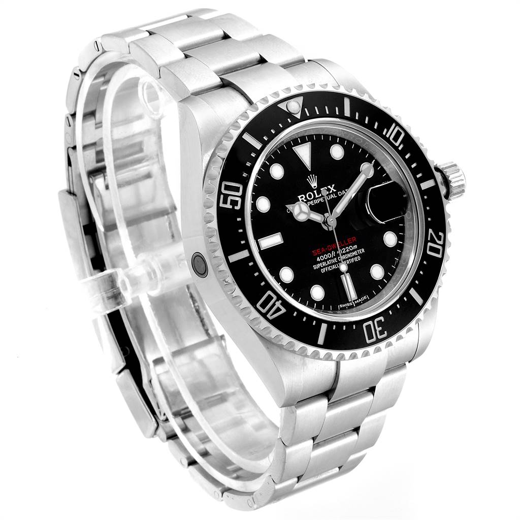 The image shows a Rolex Sea-Dweller 126600 Men
s Stainless Steel Black Dial 126600 Men
s Stainless Steel Black Dial watch, angled from the front-left, highlighting the dial, bezel, bracelet, and crown.