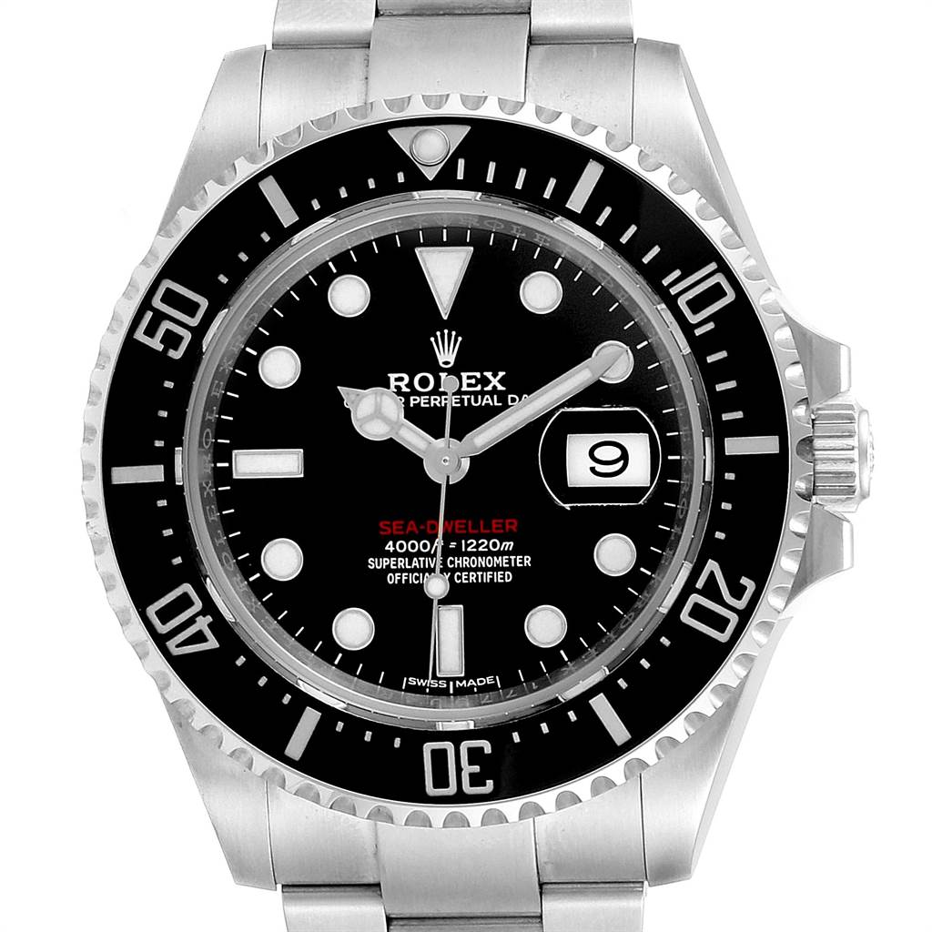 The image shows a face-on view of the Rolex Sea-Dweller 126600 Men
s Stainless Steel Black Dial 126600 Men
s Stainless Steel Black Dial watch, including the bezel, dial, and bracelet.